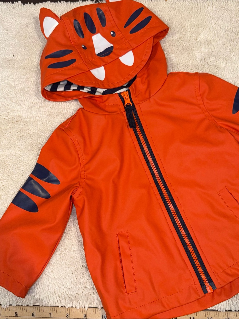 Little Me Orange Tiger Hooded Raincoat with Navy Accents